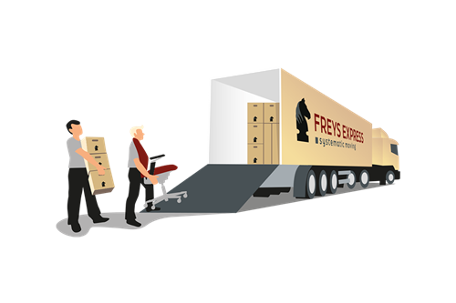 Freys flyttgubbar som bär möbler in i en av Freys lastbilar med loggan på.